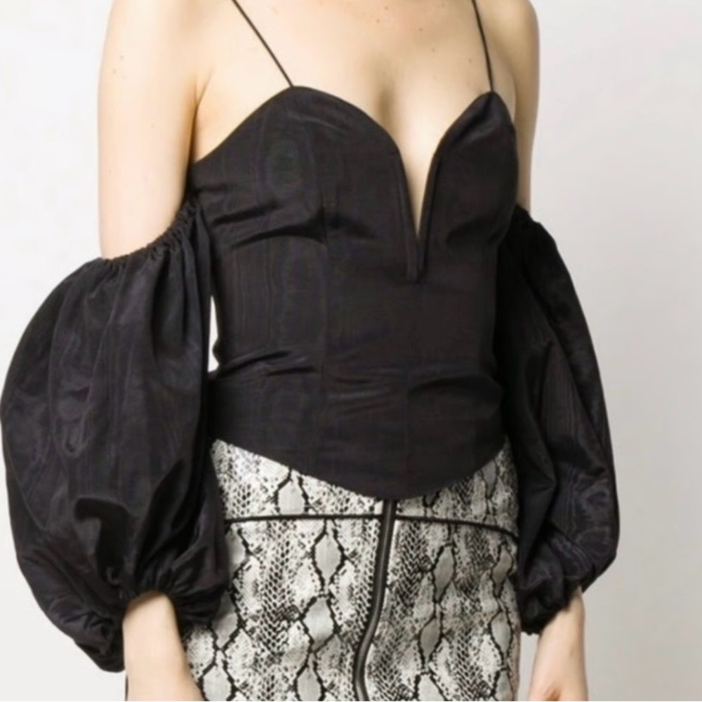 For Love & Lemons Black Puff Sleeve Corset Top Rhinestone Zip Bustier Size L EUC